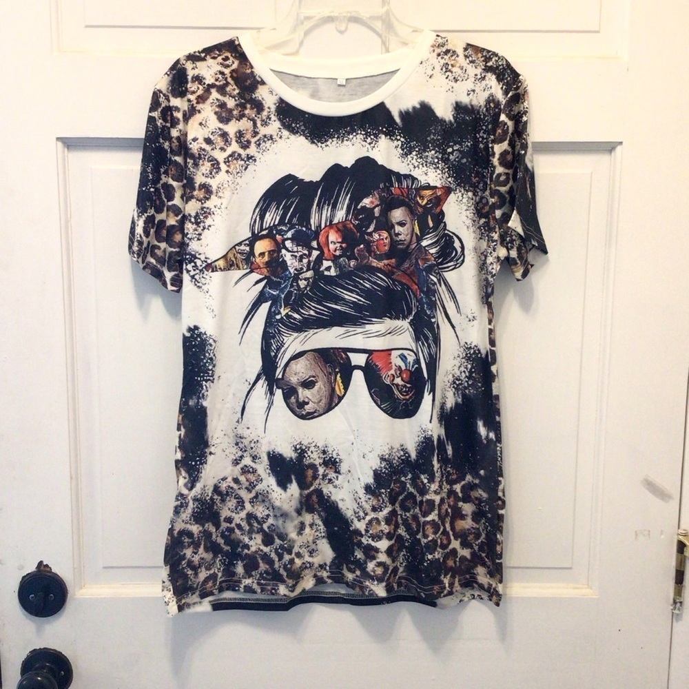 Womens Leopard Graphic Print Halloween Movie Killers Messy Bun Tee XXL - Picture 4 of 10